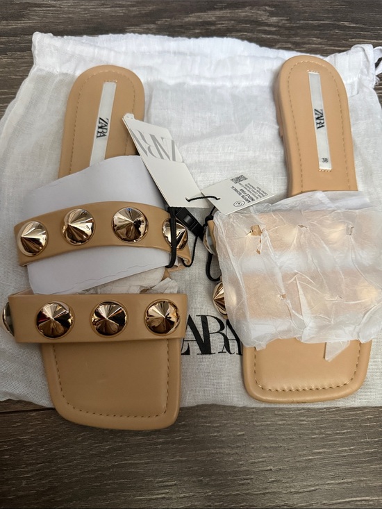 Zara Shoes - Zara Tan Slide Sandals with Gold Studs